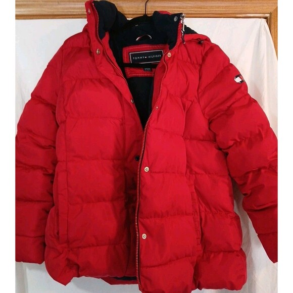 Tommy Hifiger Womens Zip Up With Hood Red Puffer Jacket/Coat Womens XLG Nice - Picture 1 of 16